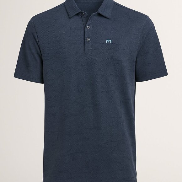 TRAVIS MATHEW Men's Flying Fish Whale Print Polo Shirt Blue - Picture 2 of 10